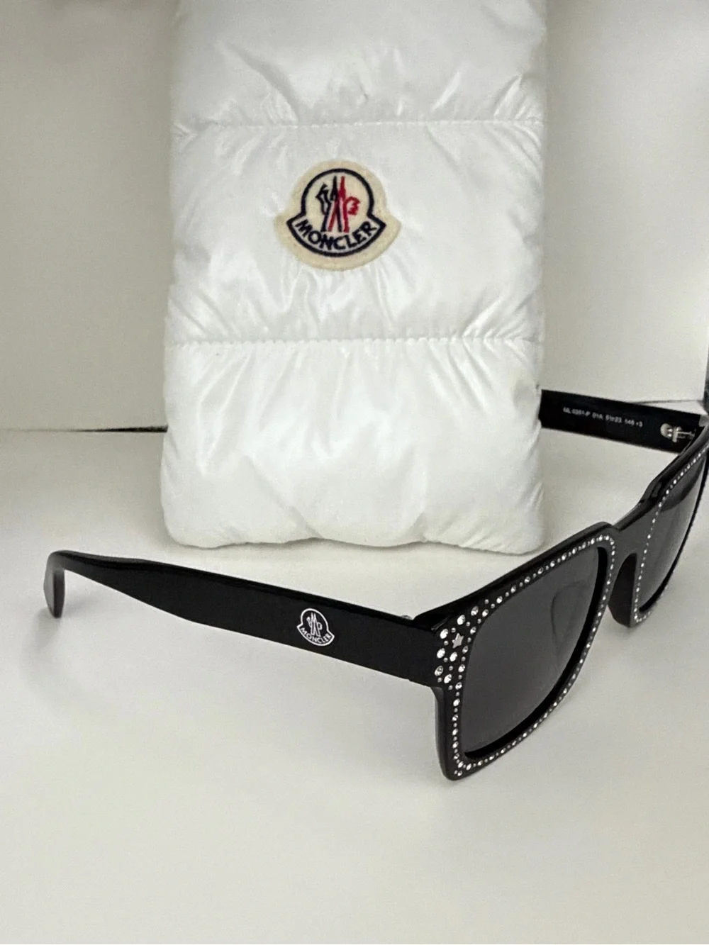 Moncler Black Crystal-Trim Rectangular Sunglasses with White Pouch